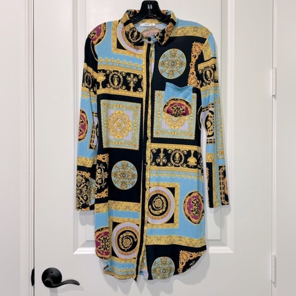 Timing Long Sleeved Baroque Colorful Shirt Dress Size Large